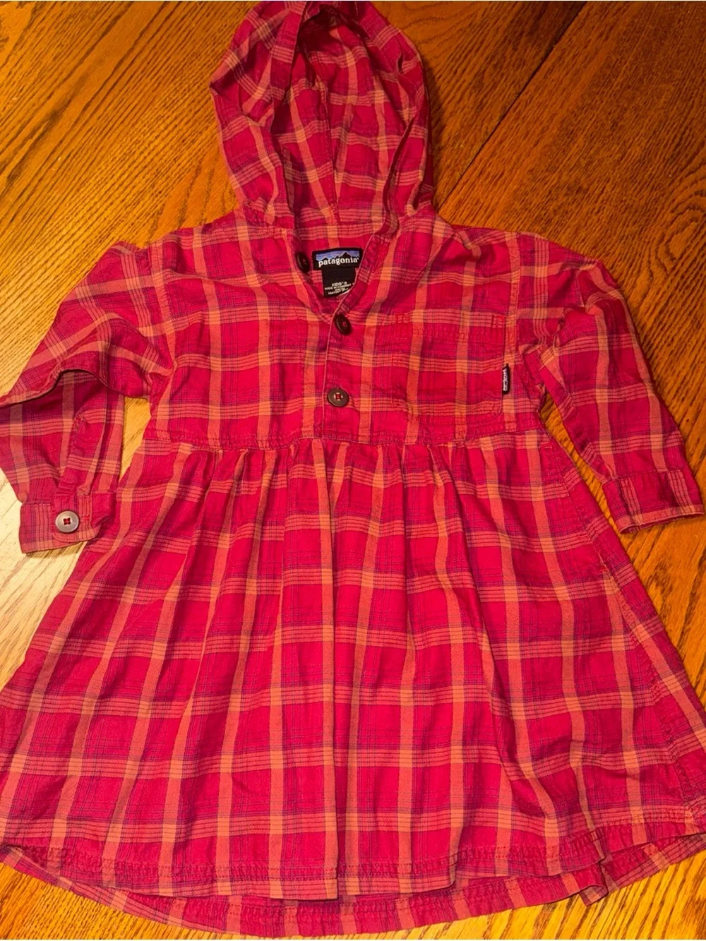 Patagonia Girls' Red and Orange Plaid Hooded Dress